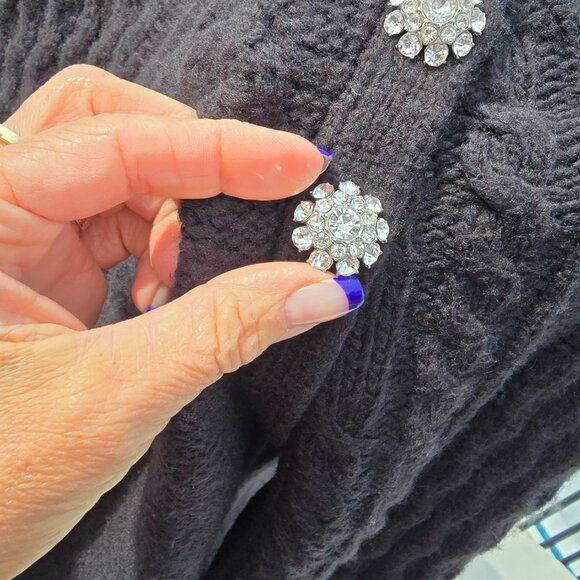 Ann Taylor Black cableknit Sweater with Rhinestone Floral Accent, size L, EUC - Picture 9 of 9